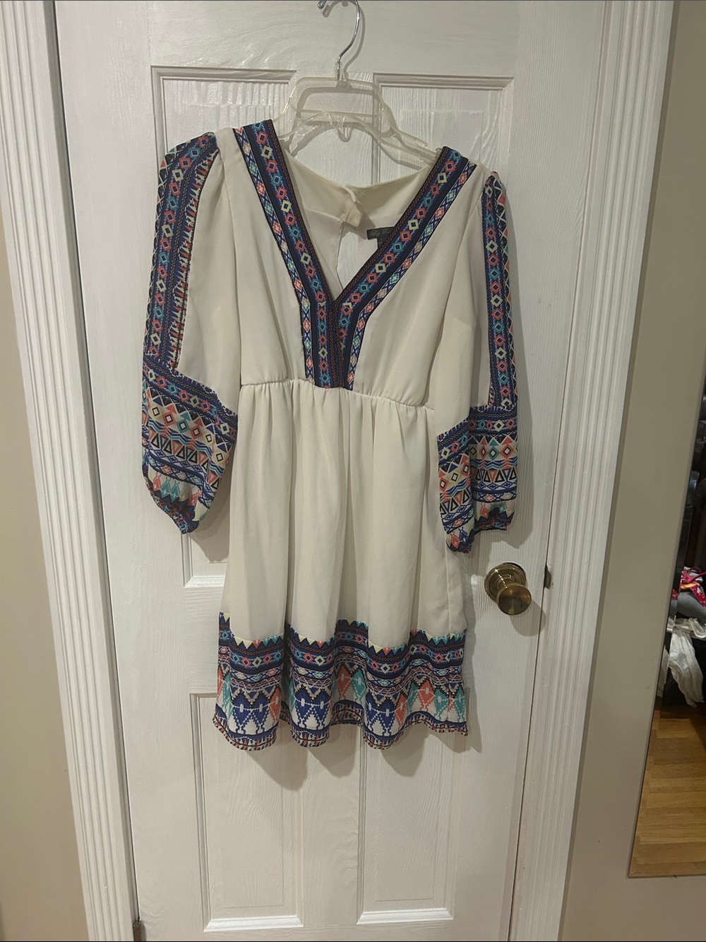 Girls' Cream Embroidered V-Neck Dress with Blue & Pink Trim